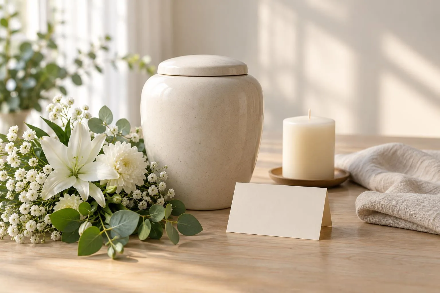 Schlichte Erinnerungsurne mit weißen Blumen und neutraler Karte